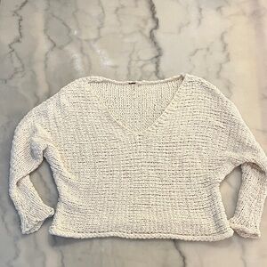 Free People Cream Oversized V-Neck Knit Cotton Blend Sweater